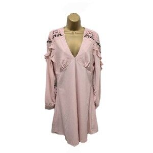 XOXO Babydoll Dress Womens Lge Long Sleeve Pink Embroidered Floral Ruffle Fairy